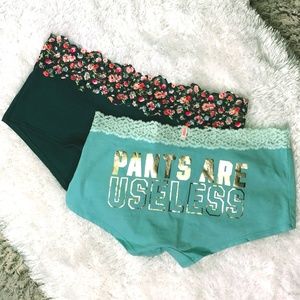 NWT! -VS PINK- Low Rise Boyshort Blue Floral Lace